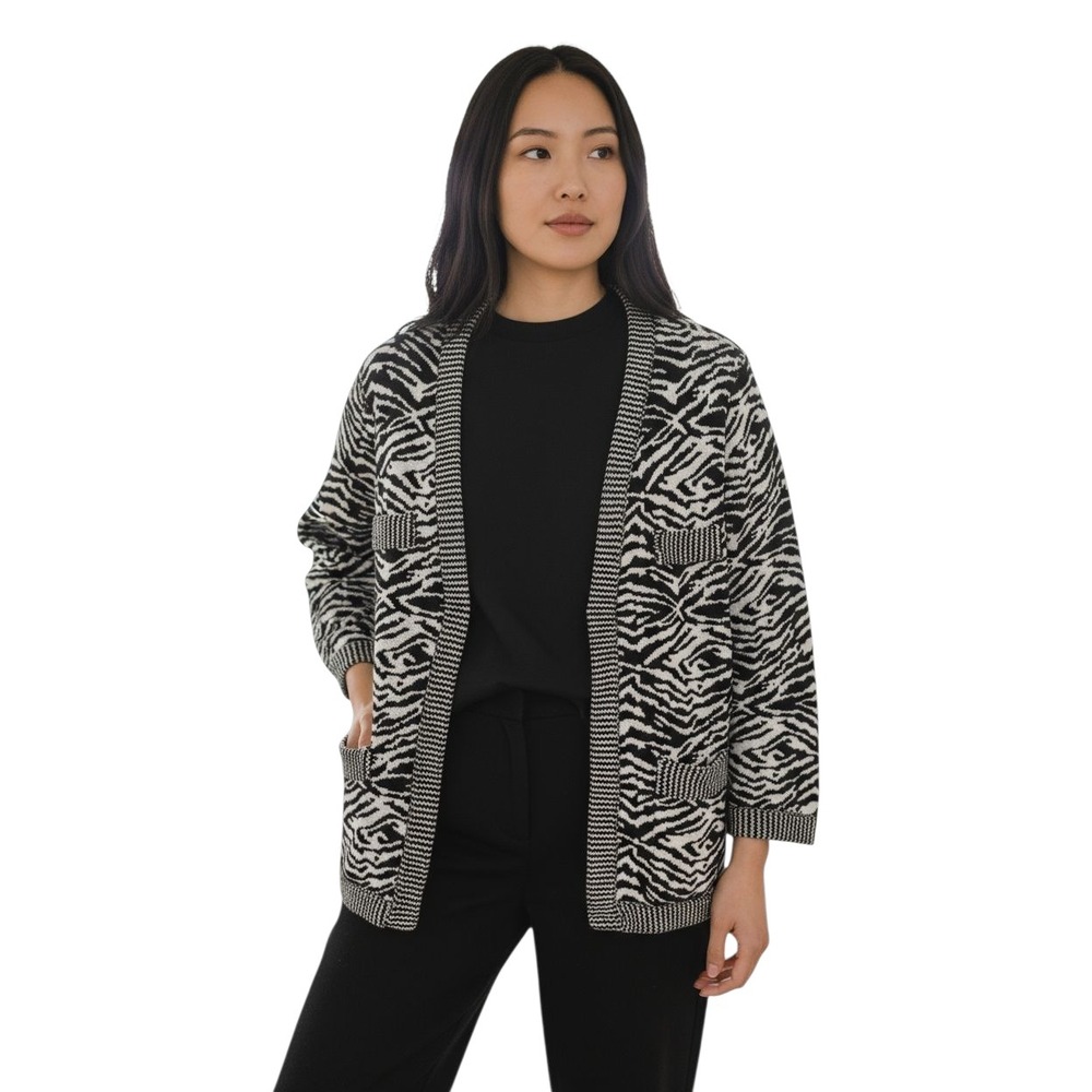 Chico's‎ Zebra Print Open Front Cardigan Pockets Cotton Blend - Women's